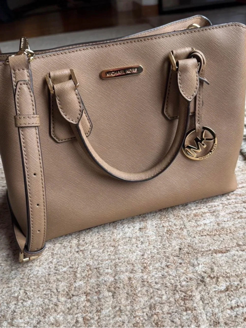 MICHAEL KORS Beige/Tan Saffiano Leather Satchel with Gold Hardware
